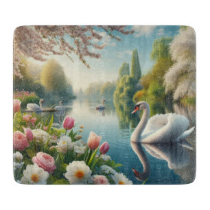 Planche À Découper OEuvre d'art printanière du lac des cygnes floraux