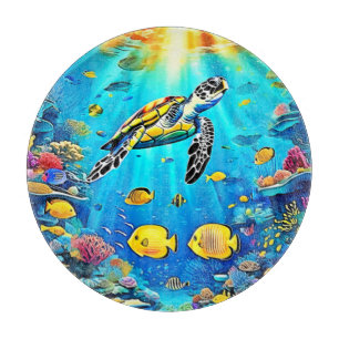 Planche À Découper Œuvre d'art vibrante de tortue marine récifale