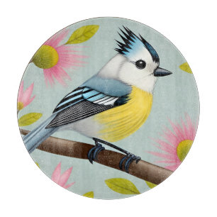 Planche À Découper Oiseau Coloré sur Branche Encadré de Fleurs