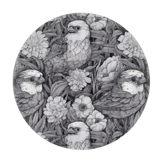 Planche À Découper Oiseau noir et blanc en fleurs (Devant)