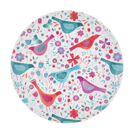 Planche À Découper Oiseaux d'aquarelle dans un jardin de fleurs peint (Devant)