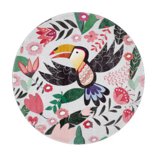 Planche À Découper Oiseaux tropicaux, motif de gribouillis à fleurs.