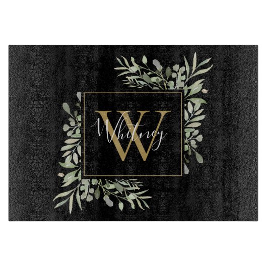 Planche À Découper Or Monogramme Floral Végétal Noir (Devant)