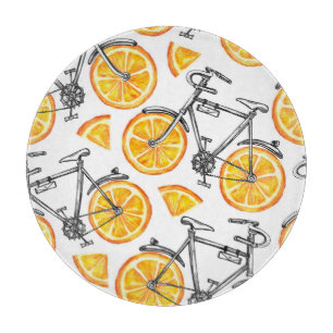 Planche À Découper Oranges à bicyclette : Motif d'été d'aquarelle