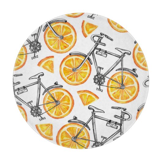 Planche À Découper Oranges à bicyclette : Motif d'été d'aquarelle (Devant)