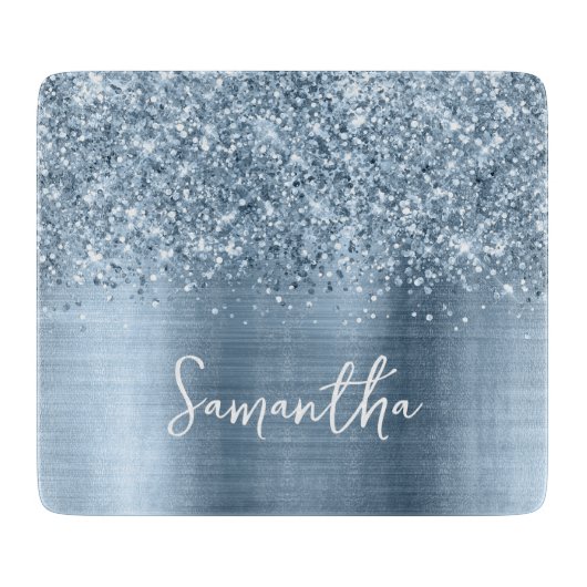 Planche À Découper Paillettes Bleu Clair Glamour Nom (Devant)