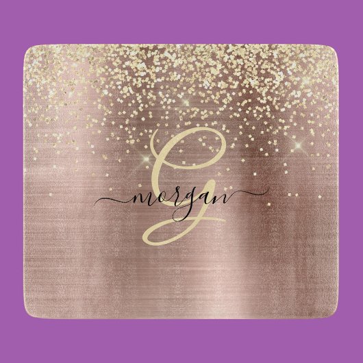 Planche À Découper Paillettes dorées, monogramme doré, nom en script 