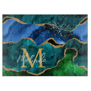 Planche À Découper Paon bleu et vert Faux Paillettes Agate