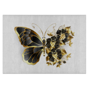 Planche À Découper Papillon à fleurs d'or avec orchidée noire