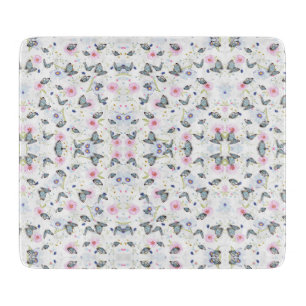 Planche À Découper Papillon bleu et fleurs roses à l'aquarelle vintag
