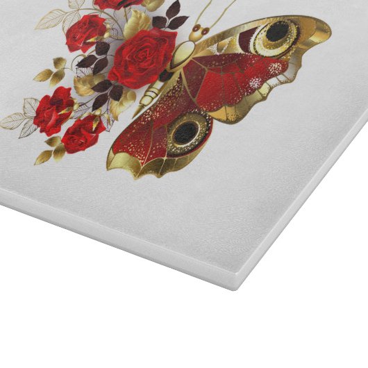 Planche À Découper Papillon de fleurs rouges aux roses rouges (Coin)