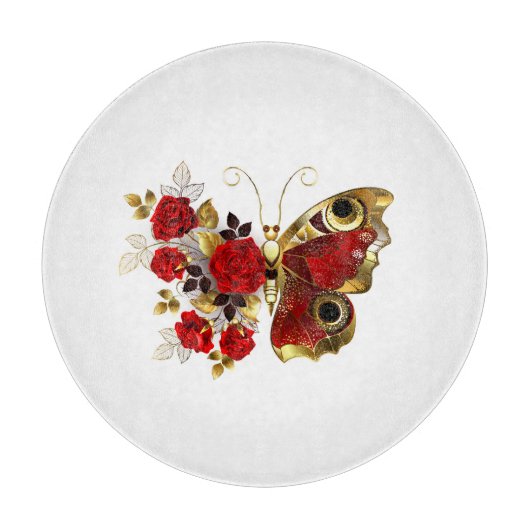Planche À Découper Papillon de fleurs rouges aux roses rouges (Devant)