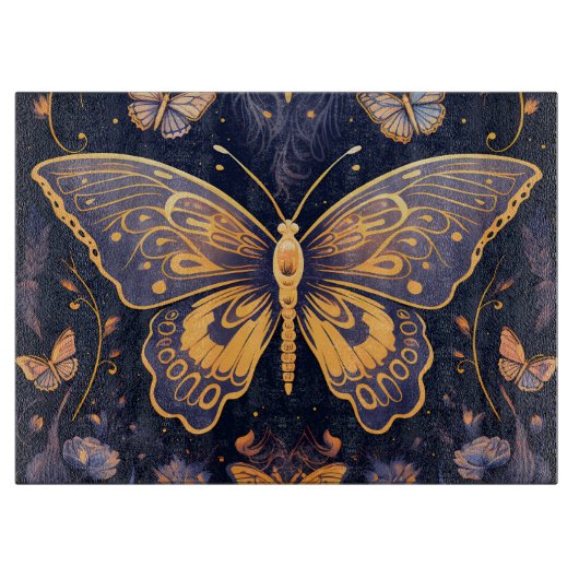 Planche À Découper Papillon d'or bleu violet Art déco moderne (Devant)