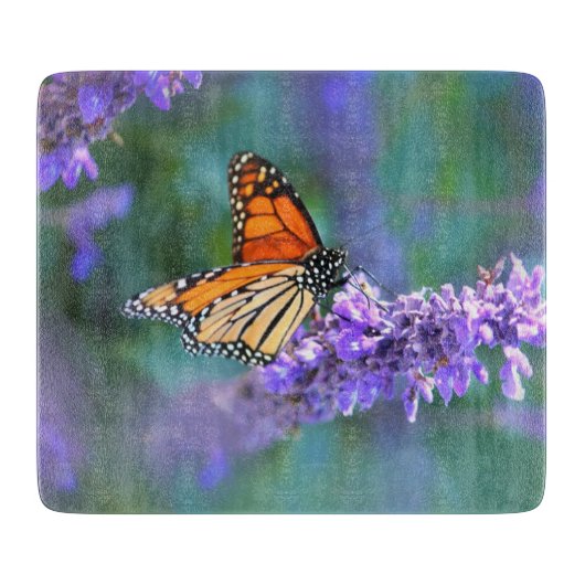 Planche À Découper Papillon Monarque sur Fleur violette lilas (Devant)