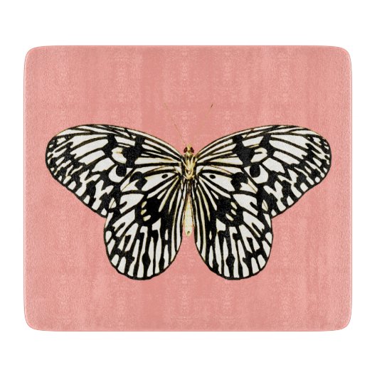 Planche À Découper Papillon noir et blanc, arrière - plan corail rose (Devant)