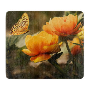 Planche À Découper Papillon orange et fleurs