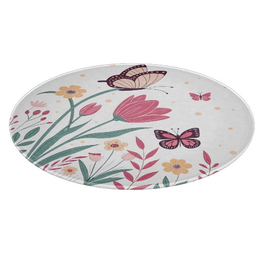 Planche À Découper Papillons aux tulipes roses et marguerites jaunes (Coin)