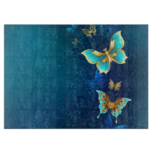 Planche À Découper Papillons d'or sur un Arrière - plan bleu (Devant)