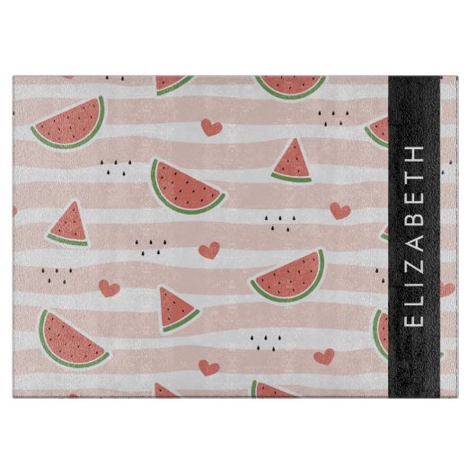 Planche À Découper Pastèques Rouges, Coeurs, Bandes, Votre Nom (Devant)