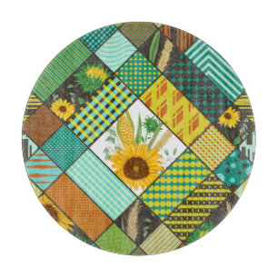 Planche À Découper Patchwork de céréales, tournesols, motif géométriq