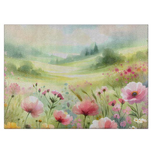 Planche À Découper Paysage de prairie fleurie pastel (Devant)