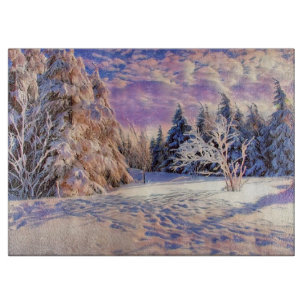 Planche À Découper Paysage hivernal avec l'aquarelle des arbres neigé