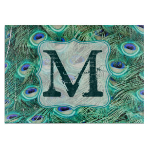 Planche À Découper Peacock Bird Feather Monogram Glass Cutboard