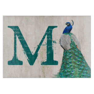 Planche À Découper Peacock Bird Feather Monogram Glass Cutboard