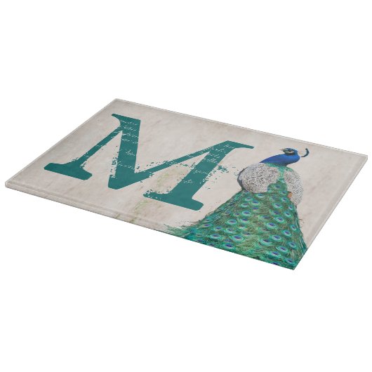 Planche À Découper Peacock Bird Feather Monogram Glass Cutboard (Coin)