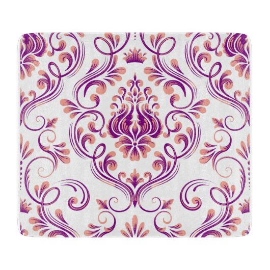 Planche À Découper Pêche et mauve Damas Floral Elegant Verre (Devant)
