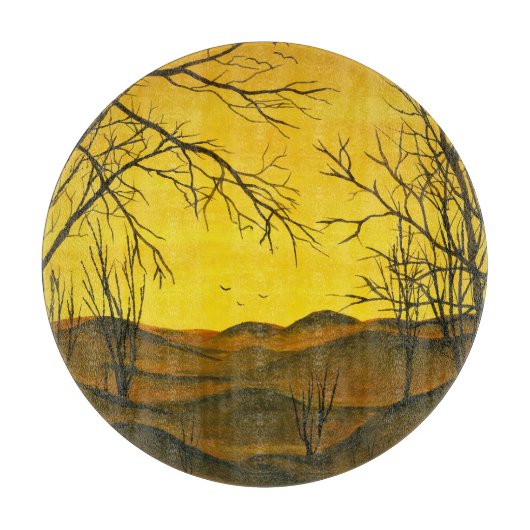 Planche À Découper Peinture gouache : ciel jaune, marron. (Devant)