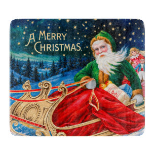 Planche À Découper Père Noël vert vintage traîneau nuit étoilée Noël