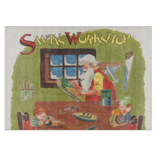 Planche À Découper Père Noël vintage de Noël avec des lutins dans l'a