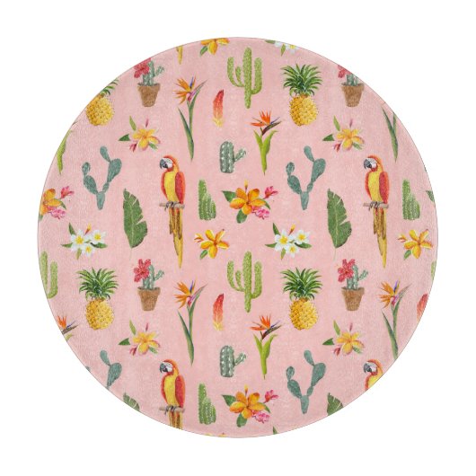 Planche À Découper Perroquet tropical, Motif Vintage Cactus. (Devant)