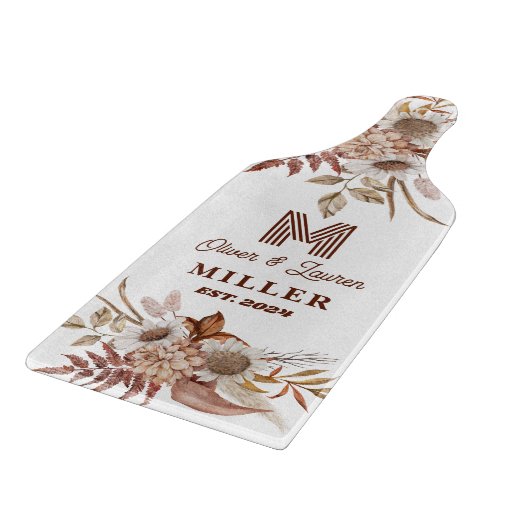 Planche À Découper Personnalisé Boho Rustique Floral Monogramme Coupl (Coin)