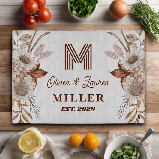 Planche À Découper Personnalisé Boho Rustique Floral Monogramme Coupl