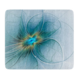 Planche À Découper Petite Beauté Moderne Fleur d'Art Fractal Bleu Or