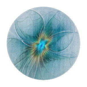 Planche À Découper Petite Beauté Moderne Fleur d'Art Fractal Bleu Or
