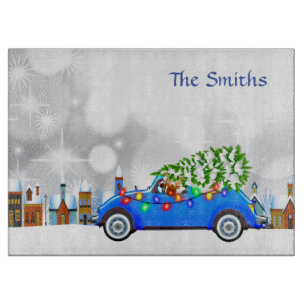 Planche À Découper Petite voiture bleue et arbre Noël personnalisé