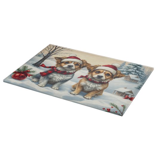 Planche À Découper Petits chiens en hiver avant l'arrivée et l'hiver  (Coin)