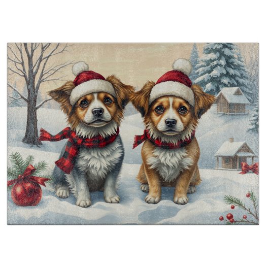 Planche À Découper Petits chiens en hiver avant l'arrivée et l'hiver  (Devant)