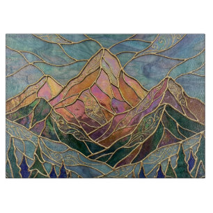 Planche À Découper Pics de montagnes dorées Forêt Art de verre teinté