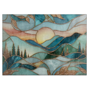 Planche À Découper Pics de montagnes dorées Forêt Art de verre teinté