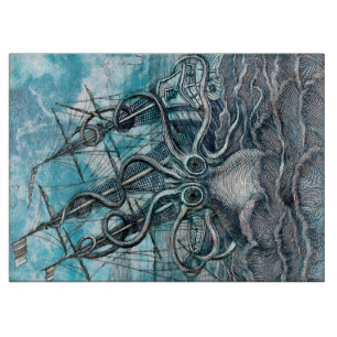 Planche À Découper Pieuvre géante Mer Bleue Monstre Voilier