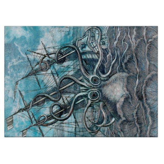 Planche À Découper Pieuvre géante Mer Bleue Monstre Voilier (Devant)