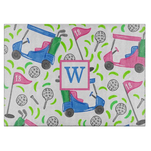 Planche À Découper Pink Blue Green Golf Preppy Monogramme initial (Devant)