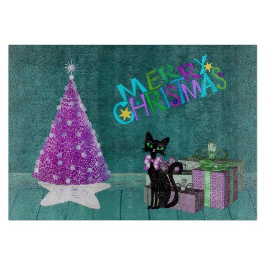 Planche À Découper Pink Christmas Tree Black Cat Wrapped Present Teal (Devant)