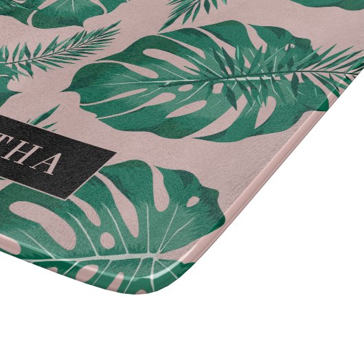 Planche À Découper Pink & Green Palm Feuille Motif & nom (Coin)