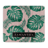 Planche À Découper Pink & Green Palm Feuille Motif & nom (Devant)