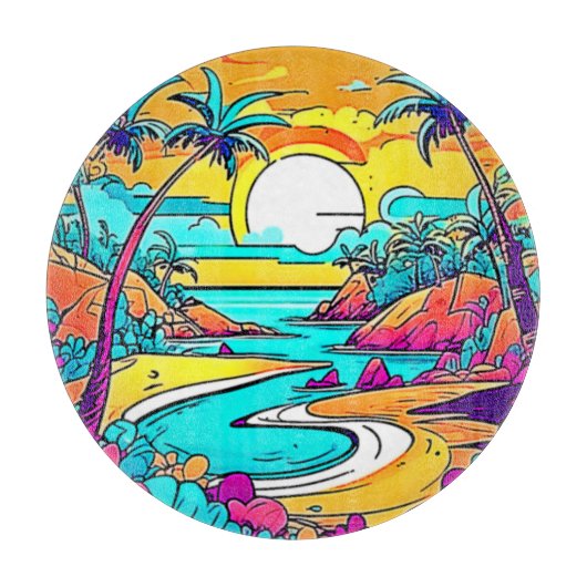 Planche À Découper Plage de coucher de soleil tropicale animée (Devant)